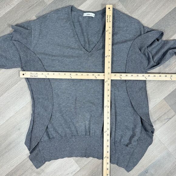 Zara Ruffle Trim Sides V Neck Sweater Grey Medium Dolman Sleeve - Picture 14 of 15